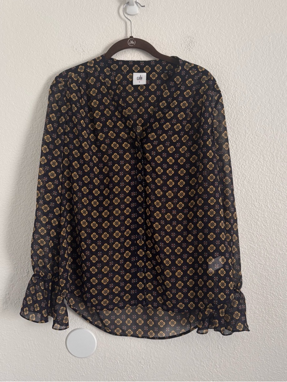 CAbi Women's Size Small Blue Gold Mosaic Ruffle Cuff Long Sleeve Top